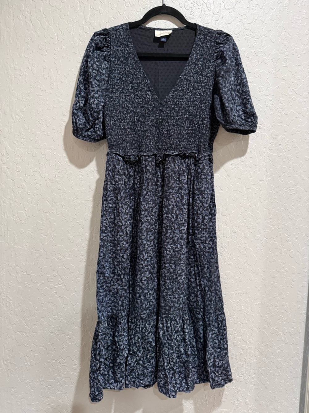 100% Cotton Cottagecore Black Floral V-Neck Smocked Midi Dress